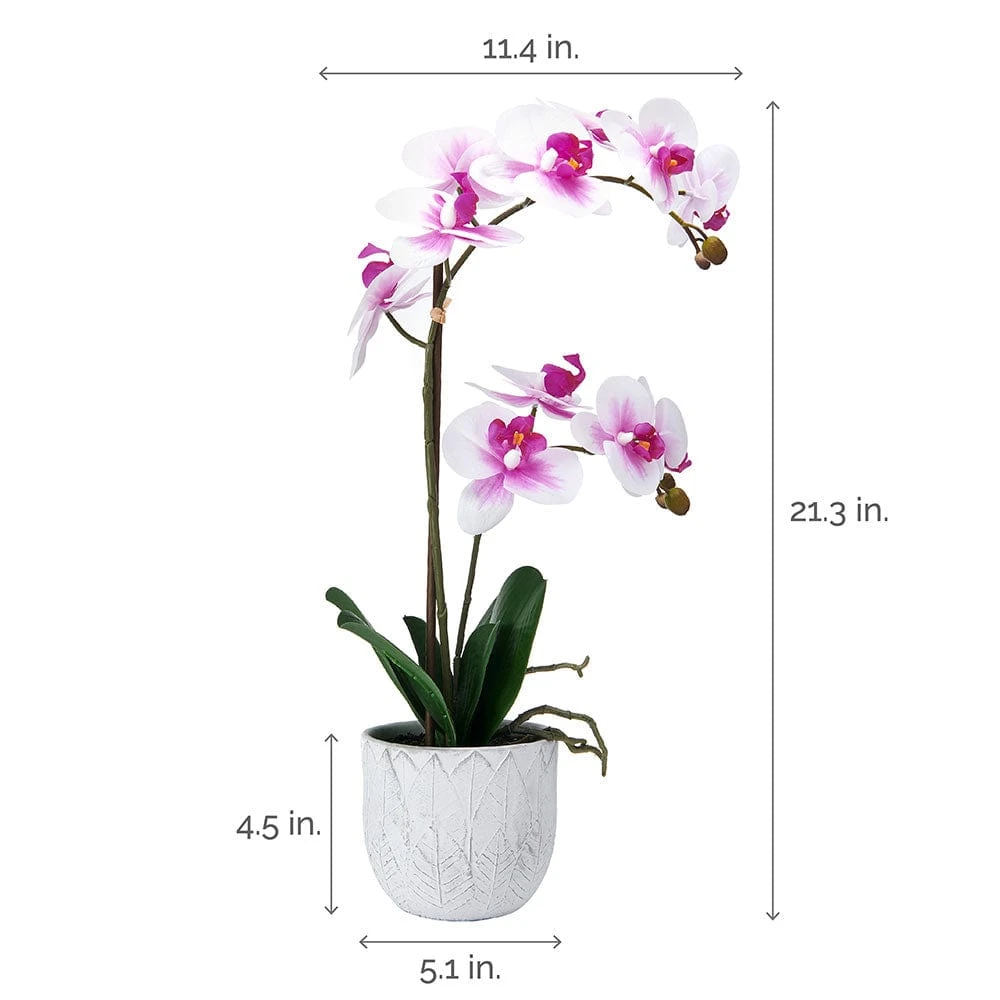 MIKASA 22 Inch Faux Orchid In White Leaf Pot, White And Fuchsia 4 MIKASA 22 Inch Faux Orchid In White Leaf Pot, White And Fuchsia - Image 4