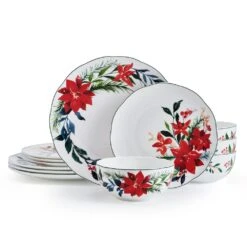MIKASA Merry Poinsettia 12 Piece Dinnerware Set, Service For 4