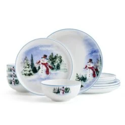 MIKASA Snowman Forest 12 Piece Dinnerware Set, Service For 4