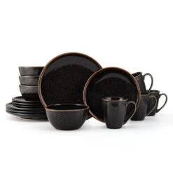 MIKASA Barrett Black 16 Piece Dinnerware Set, Service For 4