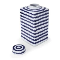 MIKASA Ripple Stripe Decorative Square Ginger Jar Canister -Mikasa blue and white ripple stripe square ceramic storage ginger jar canister 5288412 2