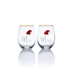 Stemless Gifts Mr And Mrs Santa Hat Stemless Wine Set Of 2