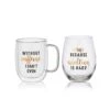 MIKASA Double Wall Mug And Stemless Wine Glass Set Of 2, Caffeine Wine Sentiment