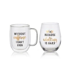 MIKASA Double Wall Mug And Stemless Wine Glass Set Of 2, Caffeine Wine Sentiment
