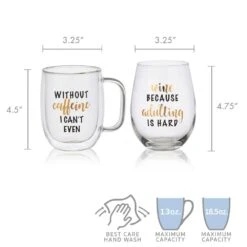 MIKASA Double Wall Mug And Stemless Wine Glass Set Of 2, Caffeine Wine Sentiment -Mikasa stemless set of 2 caffeine wine glass and glass mug 5281857 5