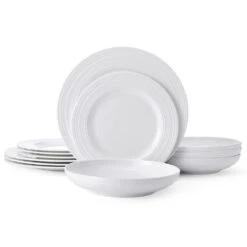 MIKASA Swirl Bone 12 Piece Dinnerware Set With Pasta Bowls, Service For 4