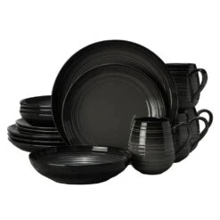 MIKASA Swirl Black Coupe With Graphite Ombre Accent 16 Piece Dinnerware Set, Service For 4