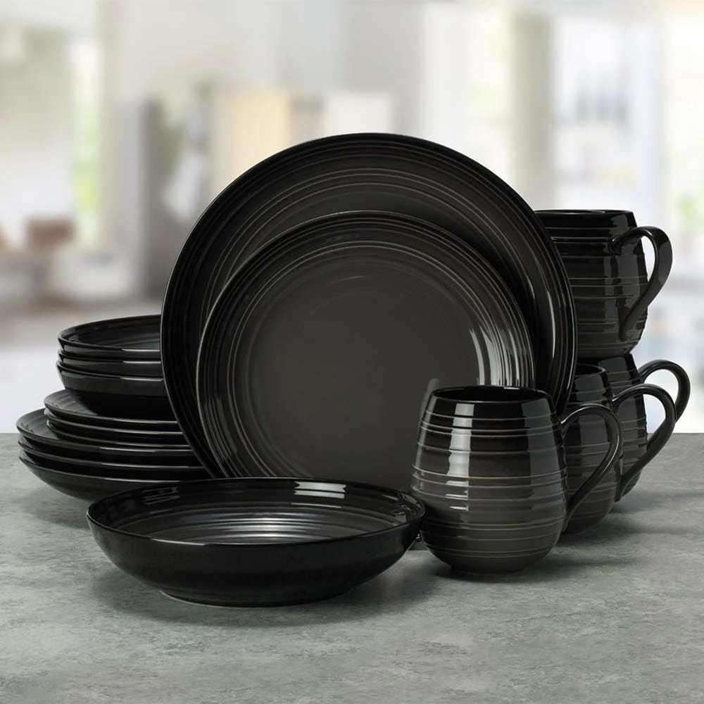 MIKASA Swirl Black Coupe With Graphite Ombre Accent 16 Piece Dinnerware Set, Service For 4 2 MIKASA Swirl Black Coupe With Graphite Ombre Accent 16 Piece Dinnerware Set, Service For 4 - Image 2