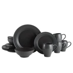 MIKASA Swirl Graphite 16 Piece Dinnerware Set, Service For 4