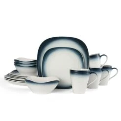 MIKASA Swirl Ombre Blue Square 16 Piece Dinnerware Set, Service For 4