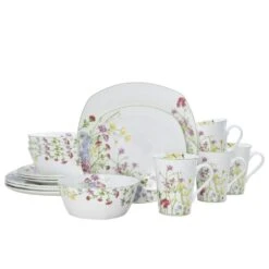 MIKASA Wildflower Garden Square 16 Piece Dinnerware Set, Service For 4